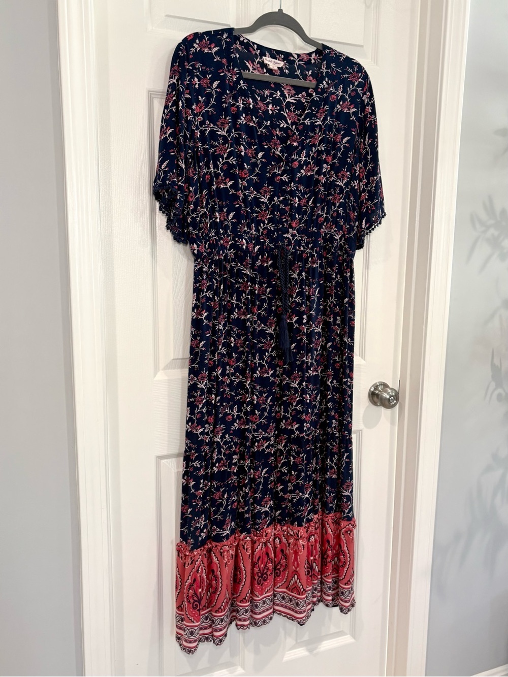 Violet Skies Boho Floral V-Neck Flowy Short Sleeve Navy Maxi Dress Women Size XL - Picture 5 of 15
